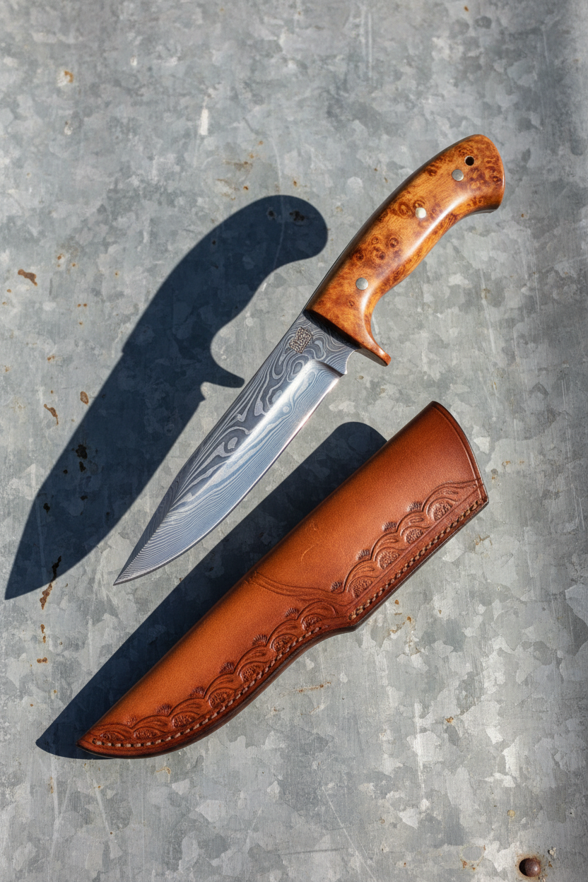 Jacintoport Heirloom Hand-Forged Hunting Knife with San Mai Damascus blade and mesquite handle