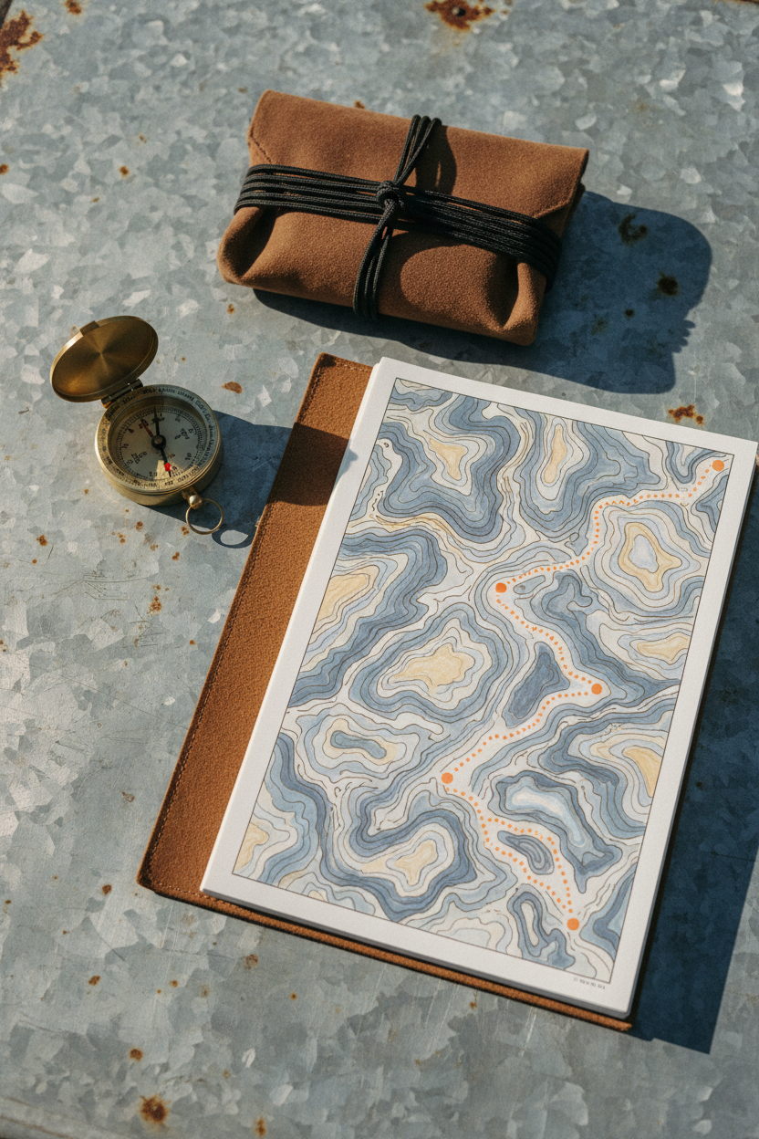 Custom Texas Outdoor Trip Planning Service binder with topographic map and brass compass