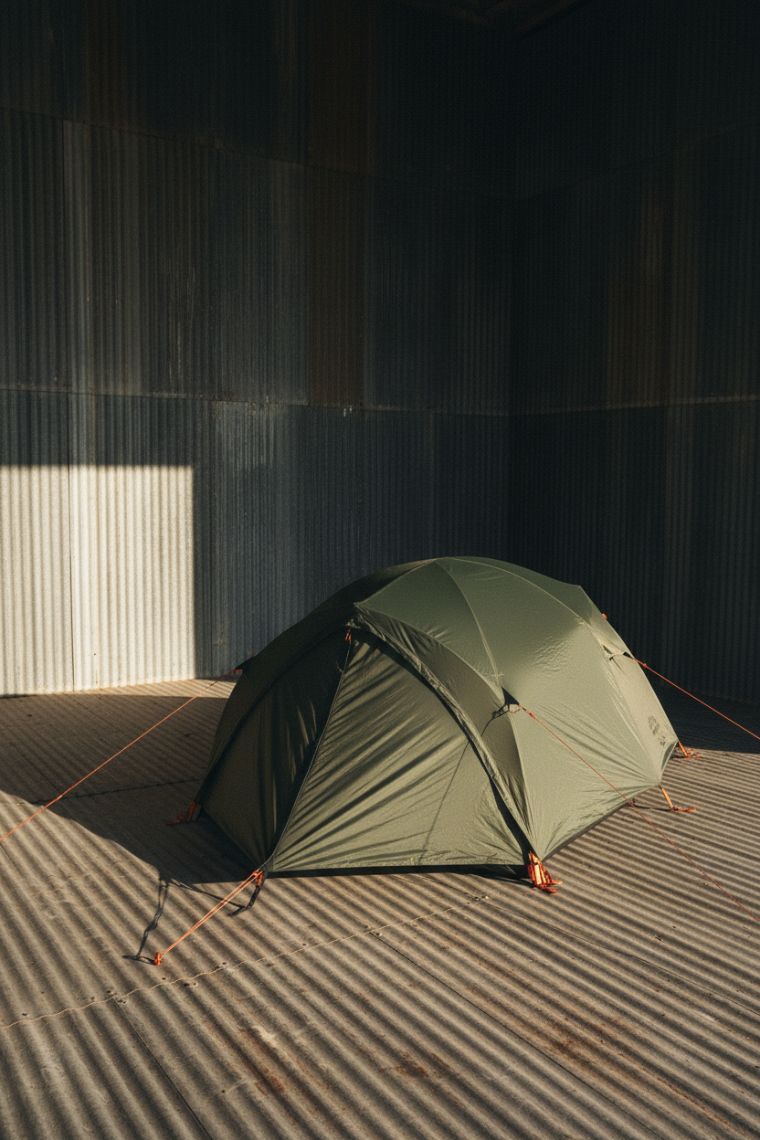Sabine Three-Person Four-Season Tent pitched on galvanized metal surface
