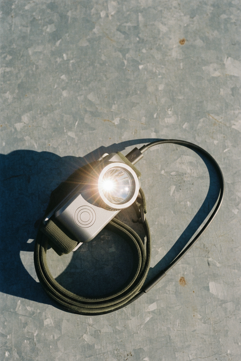 Six-Hundred-Lumen Rechargeable Headlamp on galvanized metal background